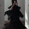 160113#Black Strapless Ruffled Tiered Maxi Dress