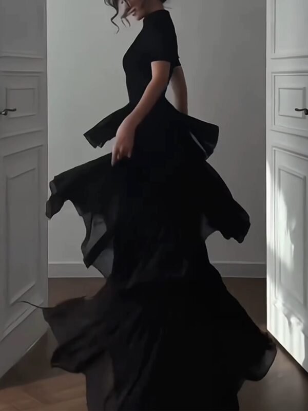 160113#Black Strapless Ruffled Tiered Maxi Dress