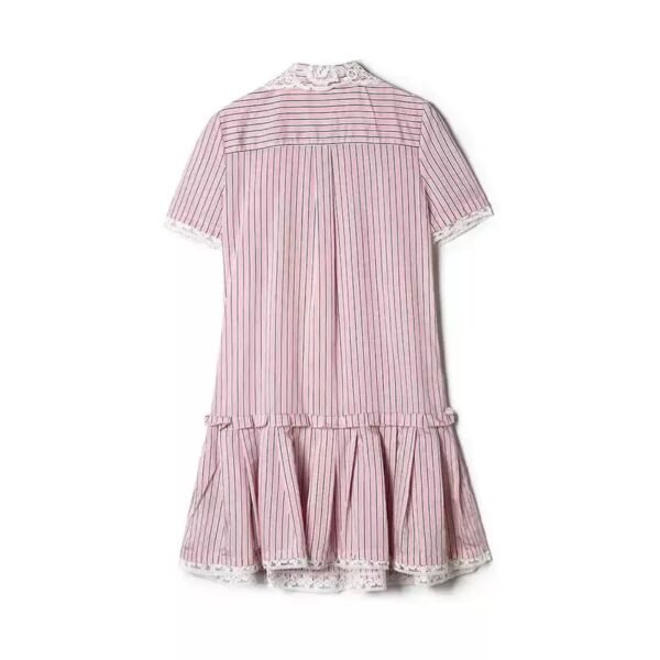 160114#Collared Button-Down Ruffled Mini Dress — Pink / Blue