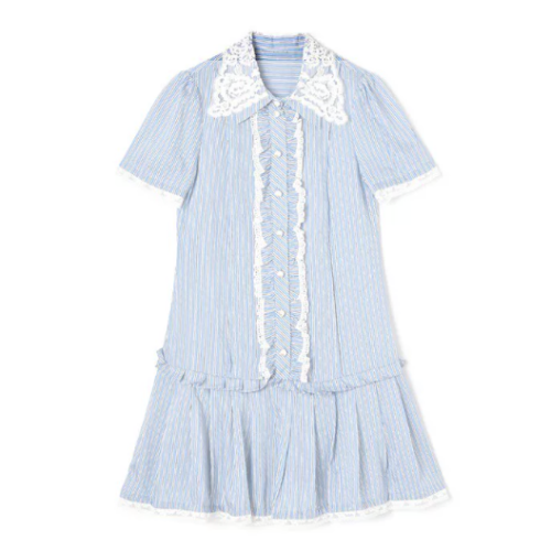 160114#Collared Button-Down Ruffled Mini Dress — Pink / Blue