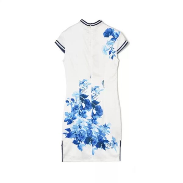 160116#White Qipao with Blue Floral Print — Traditional Cheongsam Dress