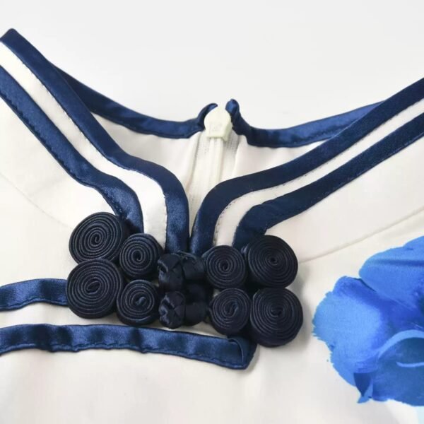 160116#White Qipao with Blue Floral Print — Traditional Cheongsam Dress