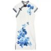 160116#White Qipao with Blue Floral Print — Traditional Cheongsam Dress