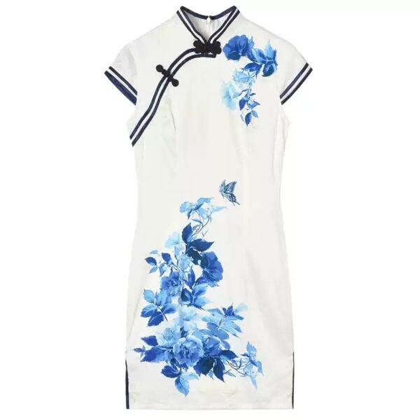 160116#White Qipao with Blue Floral Print — Traditional Cheongsam Dress