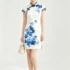 160116#White Qipao with Blue Floral Print — Traditional Cheongsam Dress