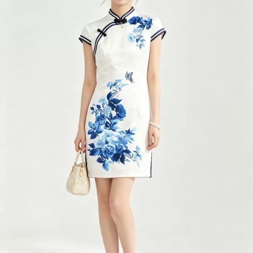 微信图片_20260827015056_1357_8 160116#White Qipao with Blue Floral Print — Traditional Cheongsam Dress