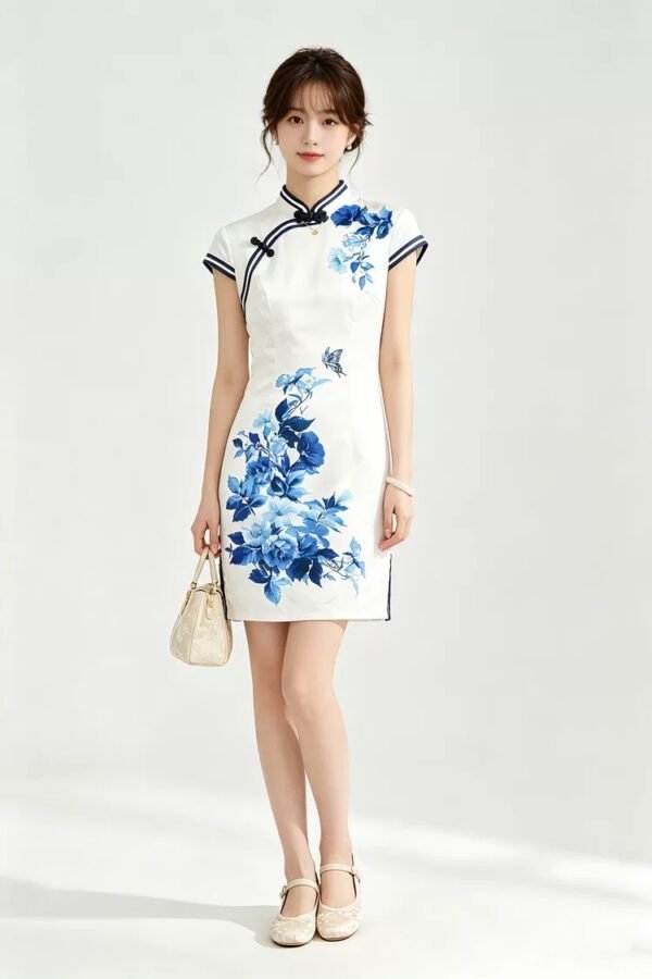 160116#White Qipao with Blue Floral Print — Traditional Cheongsam Dress