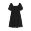 160117#Black Swiss Dot Puff-Sleeve Babydoll Mini Dress