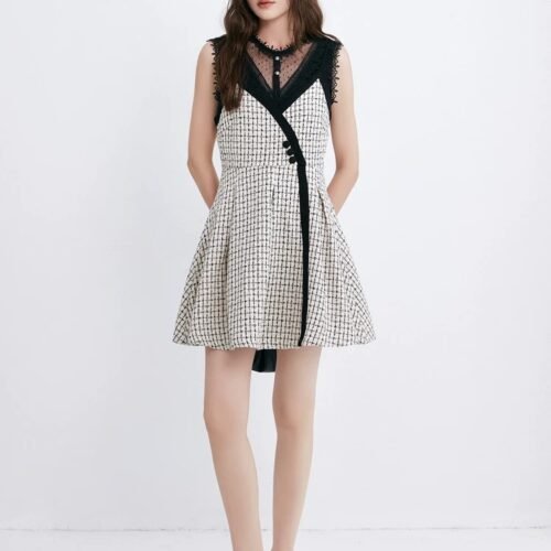 160118#Houndstooth Sleeveless A-Line Mini Dress with Black Trim