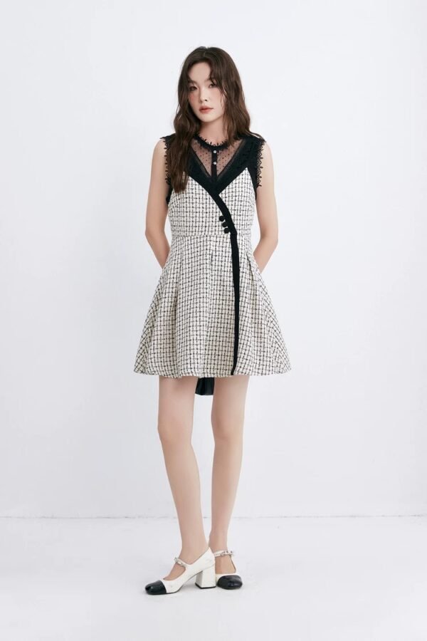 微信图片_20260827015411_1377_8 160118#Houndstooth Sleeveless A-Line Mini Dress with Black Trim