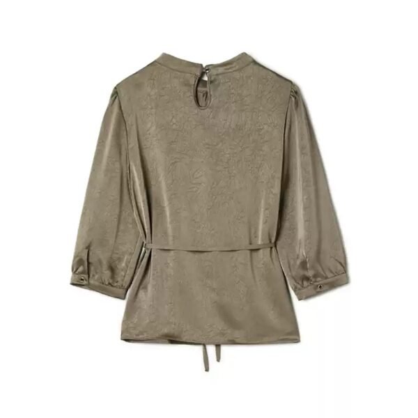 160119#Olive Green Satin Drawstring Top & Wide-Leg Pants Two-Piece Set