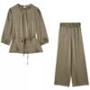 160119#Olive Green Satin Drawstring Top & Wide-Leg Pants Two-Piece Set