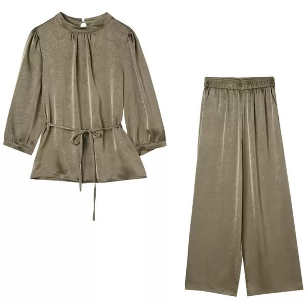 160119#Olive Green Satin Drawstring Top & Wide-Leg Pants Two-Piece Set