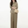 160119#Olive Green Satin Drawstring Top & Wide-Leg Pants Two-Piece Set