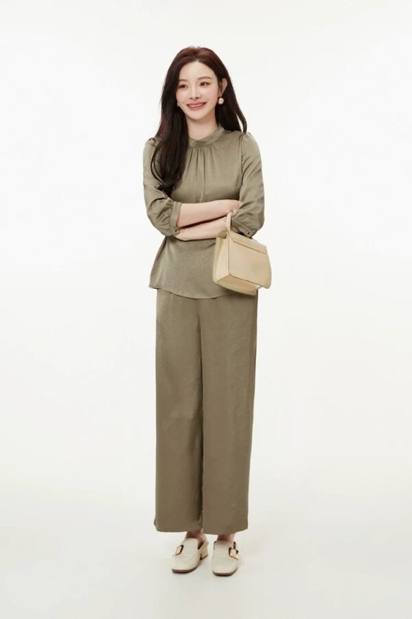 160119#Olive Green Satin Drawstring Top & Wide-Leg Pants Two-Piece Set