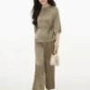 160119#Olive Green Satin Drawstring Top & Wide-Leg Pants Two-Piece Set
