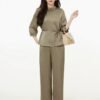 160119#Olive Green Satin Drawstring Top & Wide-Leg Pants Two-Piece Set