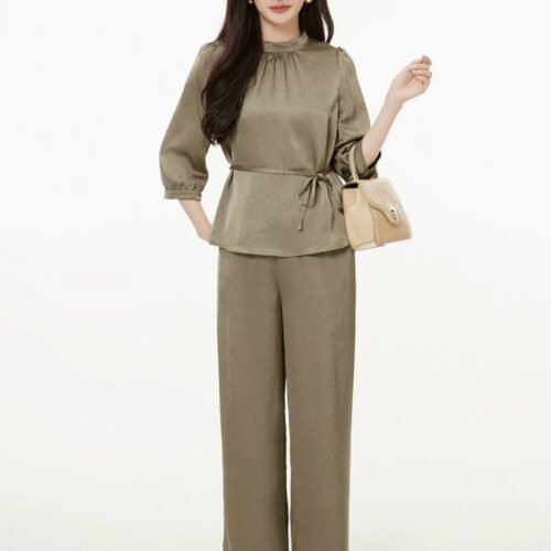 160119#Olive Green Satin Drawstring Top & Wide-Leg Pants Two-Piece Set