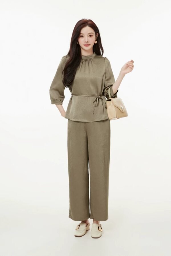 160119#Olive Green Satin Drawstring Top & Wide-Leg Pants Two-Piece Set