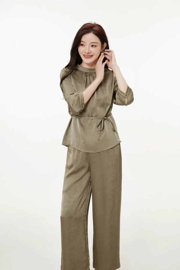160119#Olive Green Satin Drawstring Top & Wide-Leg Pants Two-Piece Set