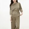 160119#Olive Green Satin Drawstring Top & Wide-Leg Pants Two-Piece Set
