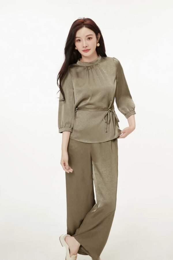 160119#Olive Green Satin Drawstring Top & Wide-Leg Pants Two-Piece Set