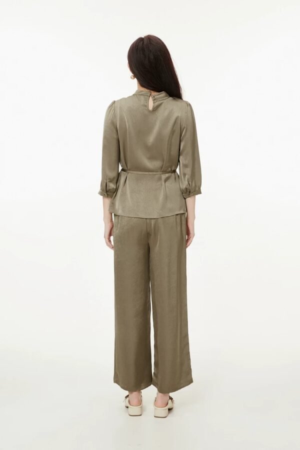 160119#Olive Green Satin Drawstring Top & Wide-Leg Pants Two-Piece Set
