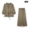 160119#Olive Green Satin Drawstring Top & Wide-Leg Pants Two-Piece Set