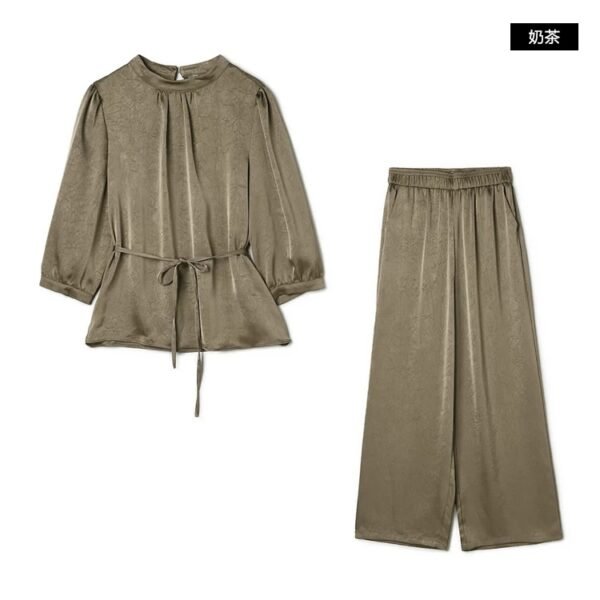 160119#Olive Green Satin Drawstring Top & Wide-Leg Pants Two-Piece Set