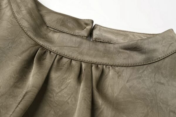 160119#Olive Green Satin Drawstring Top & Wide-Leg Pants Two-Piece Set