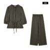 160119#Olive Green Satin Drawstring Top & Wide-Leg Pants Two-Piece Set