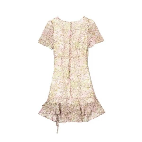 160120#Soft Pink Floral V-Neck Ruffled Mini Dress