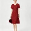 160122#Burgundy Red Lace Short-Sleeve A-Line Midi Dress