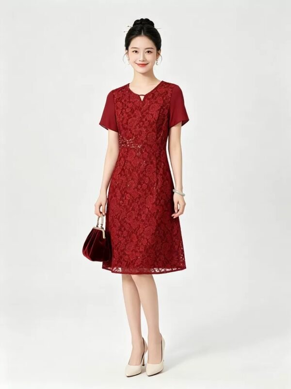 160122#Burgundy Red Lace Short-Sleeve A-Line Midi Dress