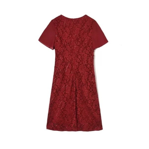 160122#Burgundy Red Lace Short-Sleeve A-Line Midi Dress