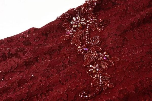 160122#Burgundy Red Lace Short-Sleeve A-Line Midi Dress