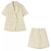 160123#Beige Short-Sleeve Blazer & High-Waisted Shorts Coord Set