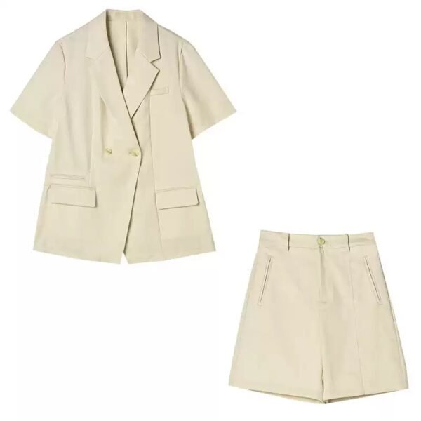 160123#Beige Short-Sleeve Blazer & High-Waisted Shorts Coord Set