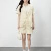 160123#Beige Short-Sleeve Blazer & High-Waisted Shorts Coord Set