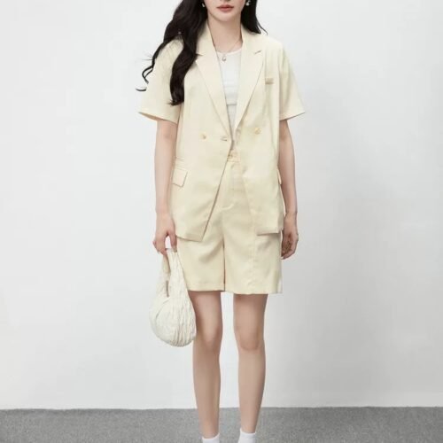 160123#Beige Short-Sleeve Blazer & High-Waisted Shorts Coord Set