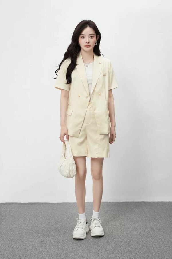 160123#Beige Short-Sleeve Blazer & High-Waisted Shorts Coord Set