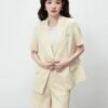 160123#Beige Short-Sleeve Blazer & High-Waisted Shorts Coord Set