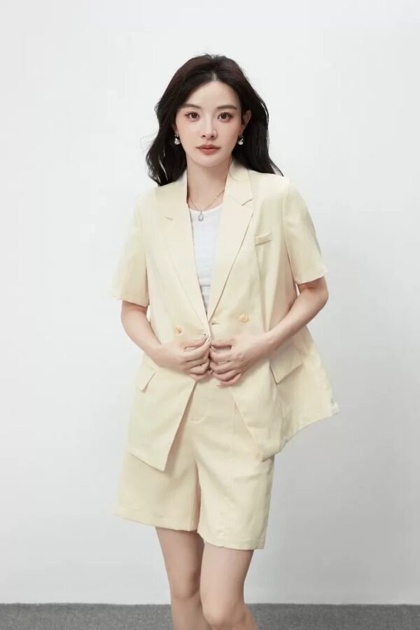 160123#Beige Short-Sleeve Blazer & High-Waisted Shorts Coord Set