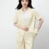 160123#Beige Short-Sleeve Blazer & High-Waisted Shorts Coord Set