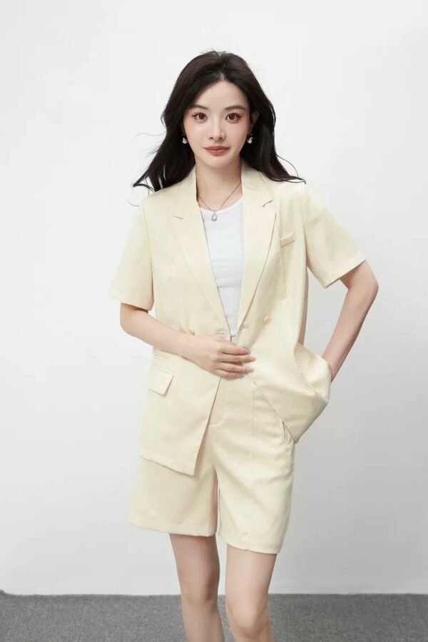 160123#Beige Short-Sleeve Blazer & High-Waisted Shorts Coord Set