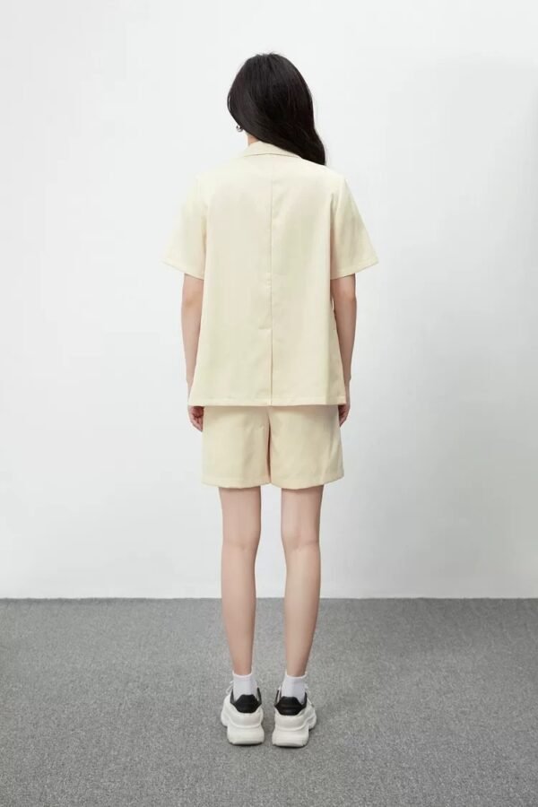 160123#Beige Short-Sleeve Blazer & High-Waisted Shorts Coord Set