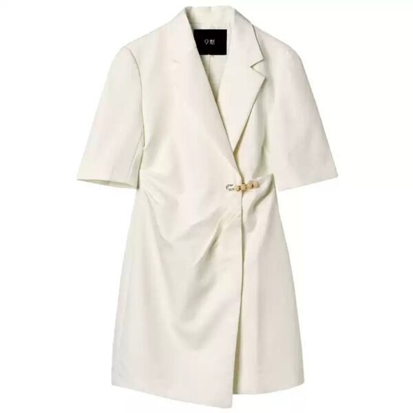 160124#White Wrap-Front Blazer Dress with Decorative Waist Button