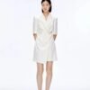 160124#White Wrap-Front Blazer Dress with Decorative Waist Button