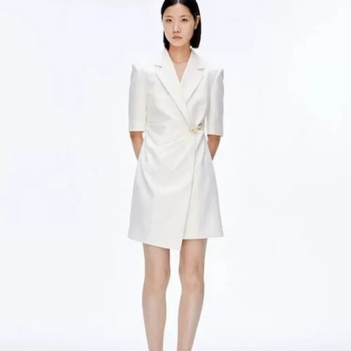 160124#White Wrap-Front Blazer Dress with Decorative Waist Button