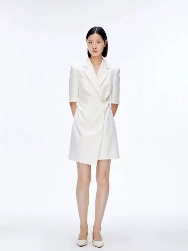 160124#White Wrap-Front Blazer Dress with Decorative Waist Button